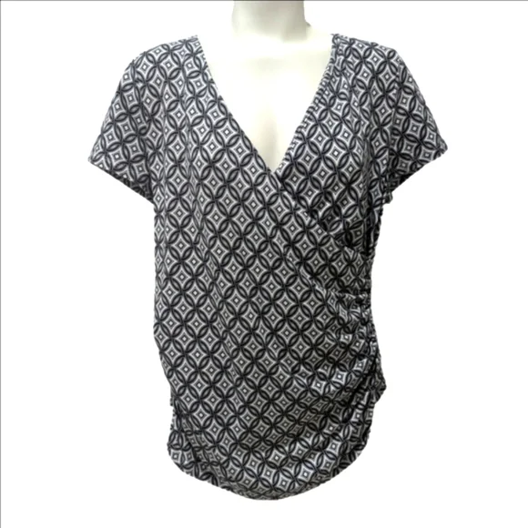 Talbots Black and White Wrap Blouse Short Sleeve Relaxed - Picture 1 of 4